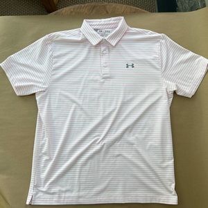 Under Armour Men’s XL Performance Fabric Golf Shirt, White with Pink Stripes